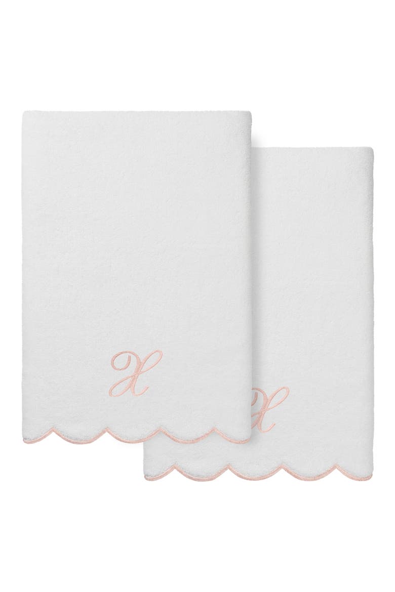 Adornia Scallop Set of 2 Initial Bath Towels, Main, color, WHITE/ PINK X