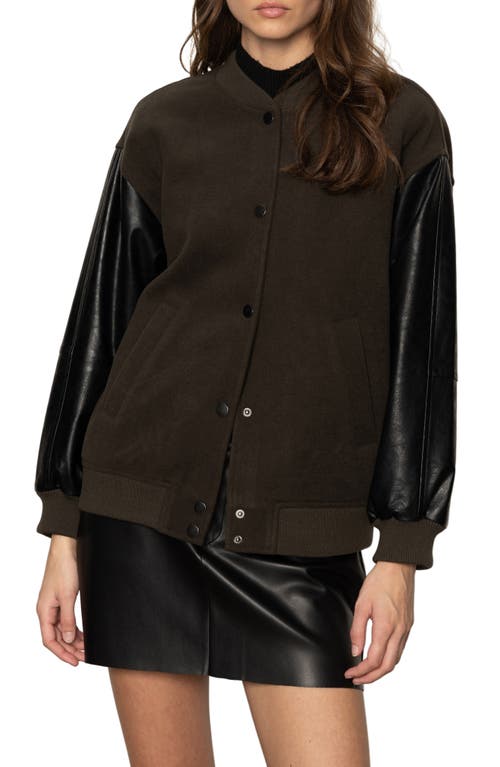 Sanctuary Club Mixed Media Varsity Jacket In Brown