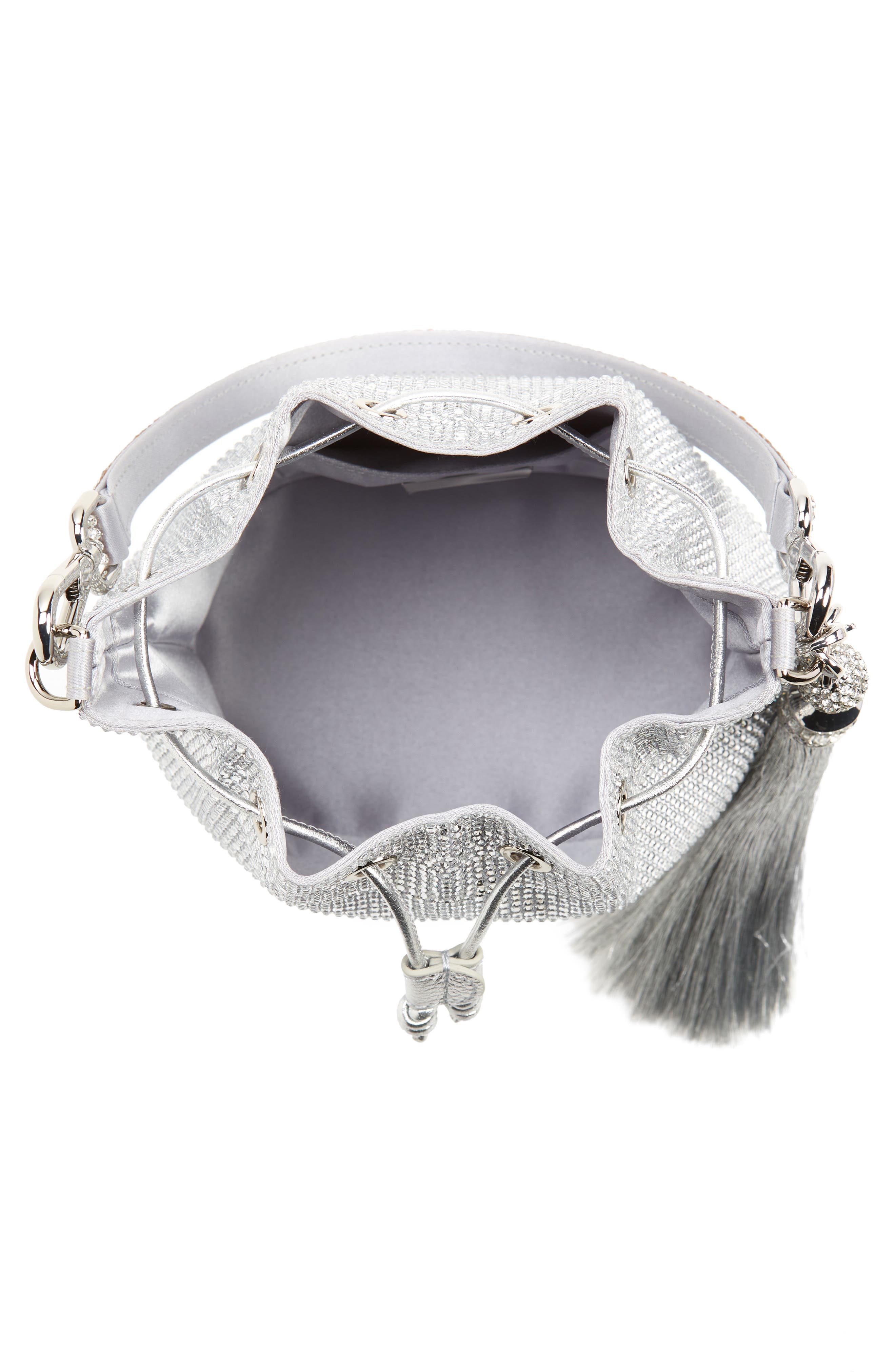 Piper Crystal Embellished Bucket Bag, Alternate, color, SILVER RHINE