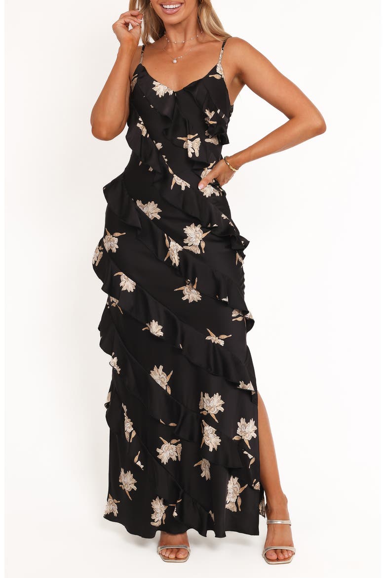 Ciao Floral Ruffle Satin Maxi Dress, Main, color, BLACK FLORAL