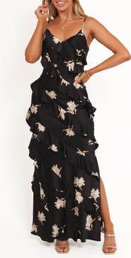 Petal & Pup Ciao Floral Ruffle Satin Maxi Dress