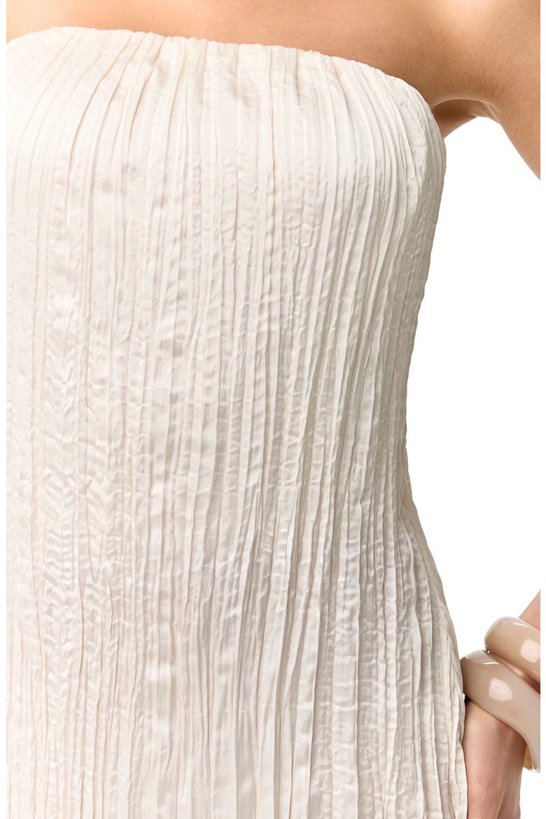 Strapless Fring Detail Satin Plissé Dress, Alternate, color, CREMA