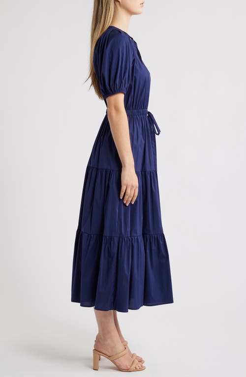 Anne Klein Petite Puff-sleeve Tiered Denim Midi Dress In Blue