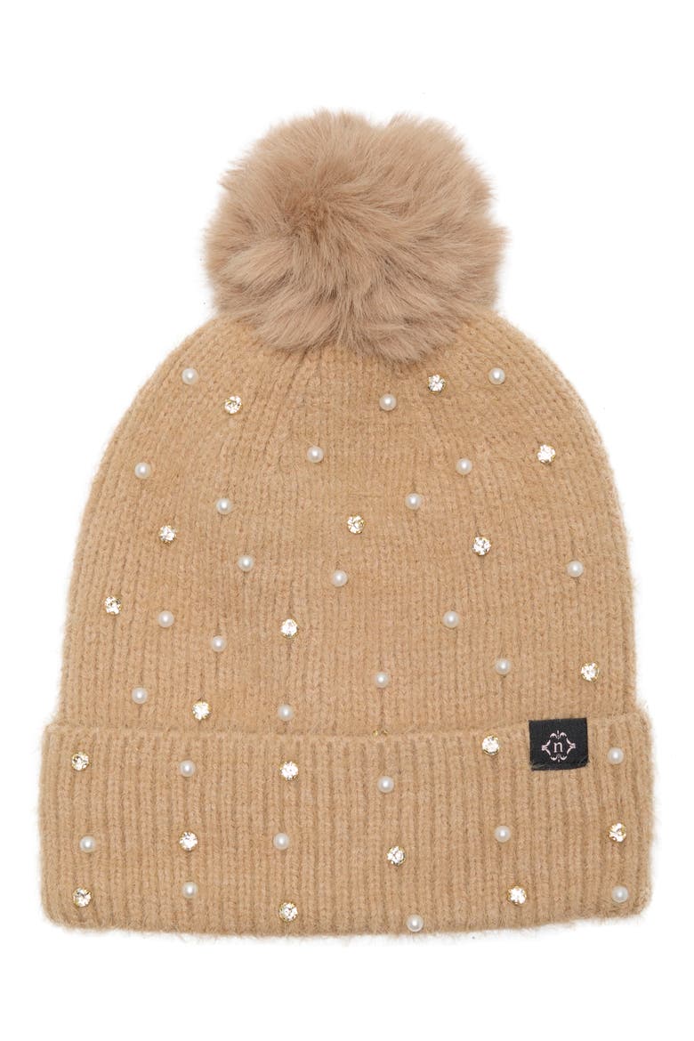 Star Embellished Faux Fur Pom Beanie, Main, color, TAUPE