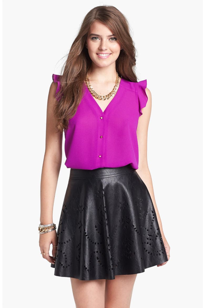 Laser Cut Faux Leather Skater Skirt, Main, color, BLACK