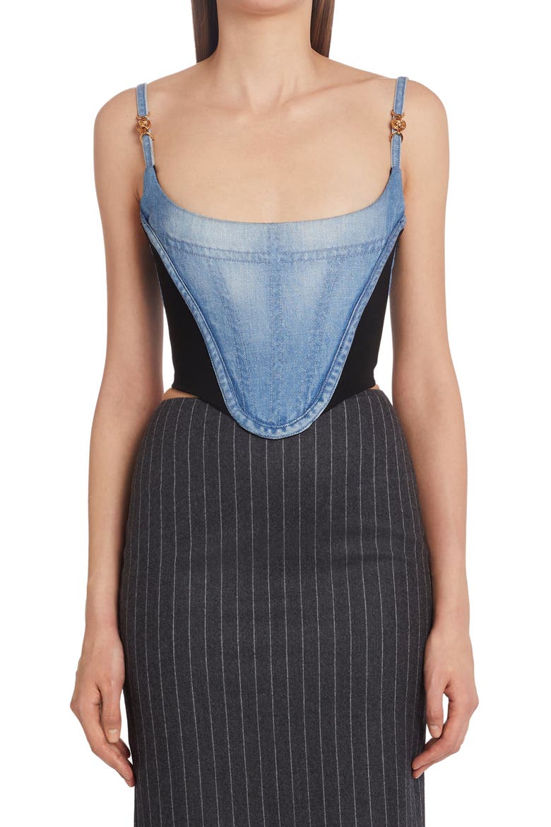Medusa Embellished Denim Corset Top, Main, color, BLUE NERO
