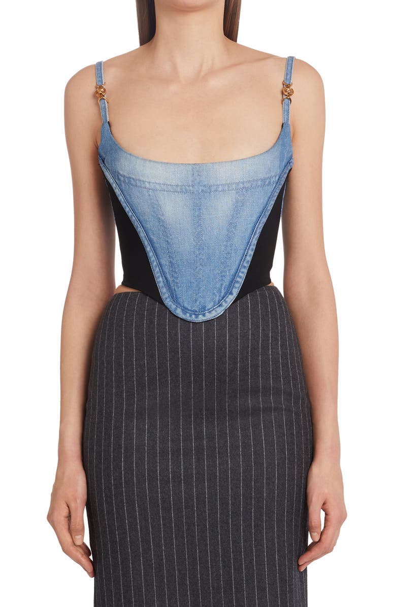 Versace Medusa Embellished Denim Corset Top, Main, color,