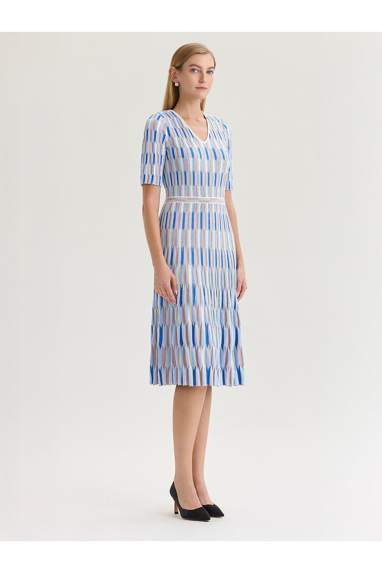 Fit & Flare Geometric Soft Knit Midi Dress, Alternate, color, Biscotti/Aegean Blue