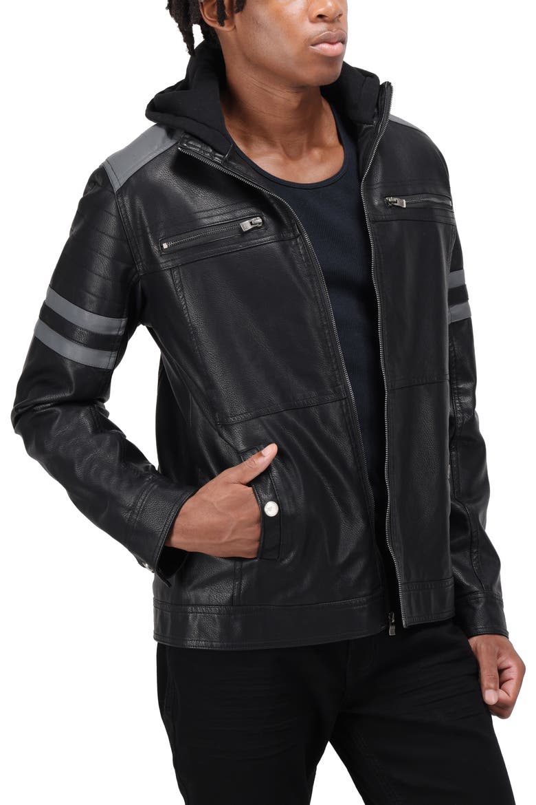 Faux Leather Hooded Moto Jacket, Alternate, color, BLACK/ GREY