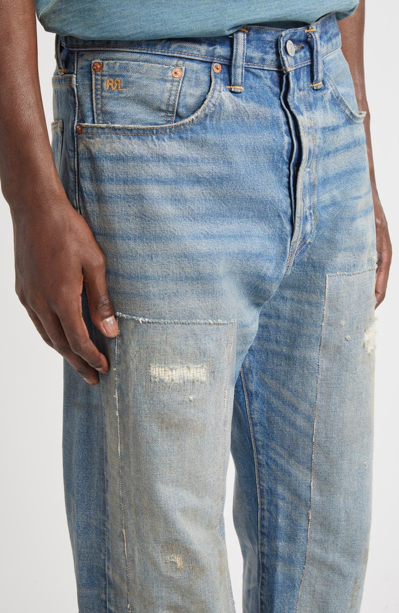Double RL Straight Fit Rip & Repair Selvedge Jeans, Alternate, color, Midlands Wash