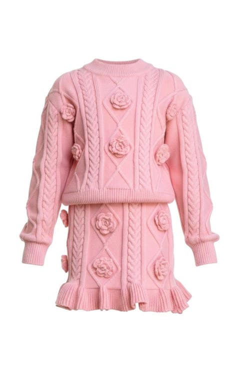 Rosette Matching Cable Knit Sweater and Skirt Set