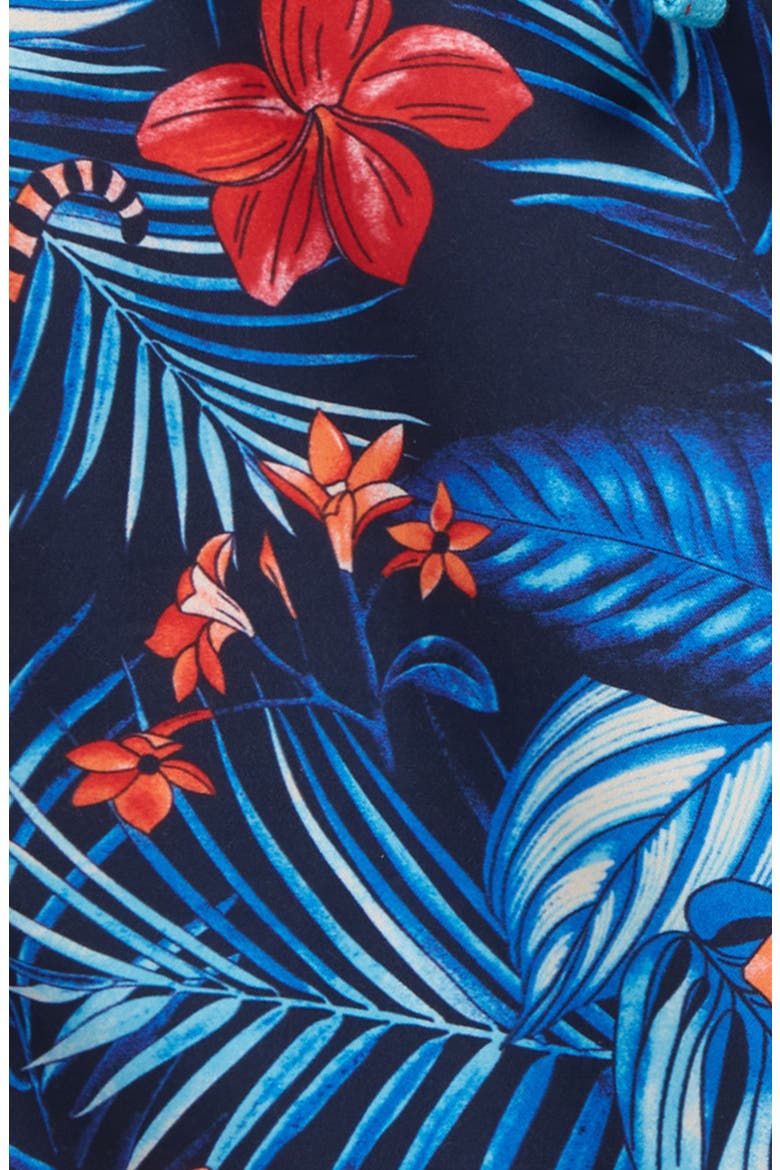 Kids' Printed Tie Waist Swim Trunks, Alternate, color, NAVY PEACOAT DARK TROPICAL