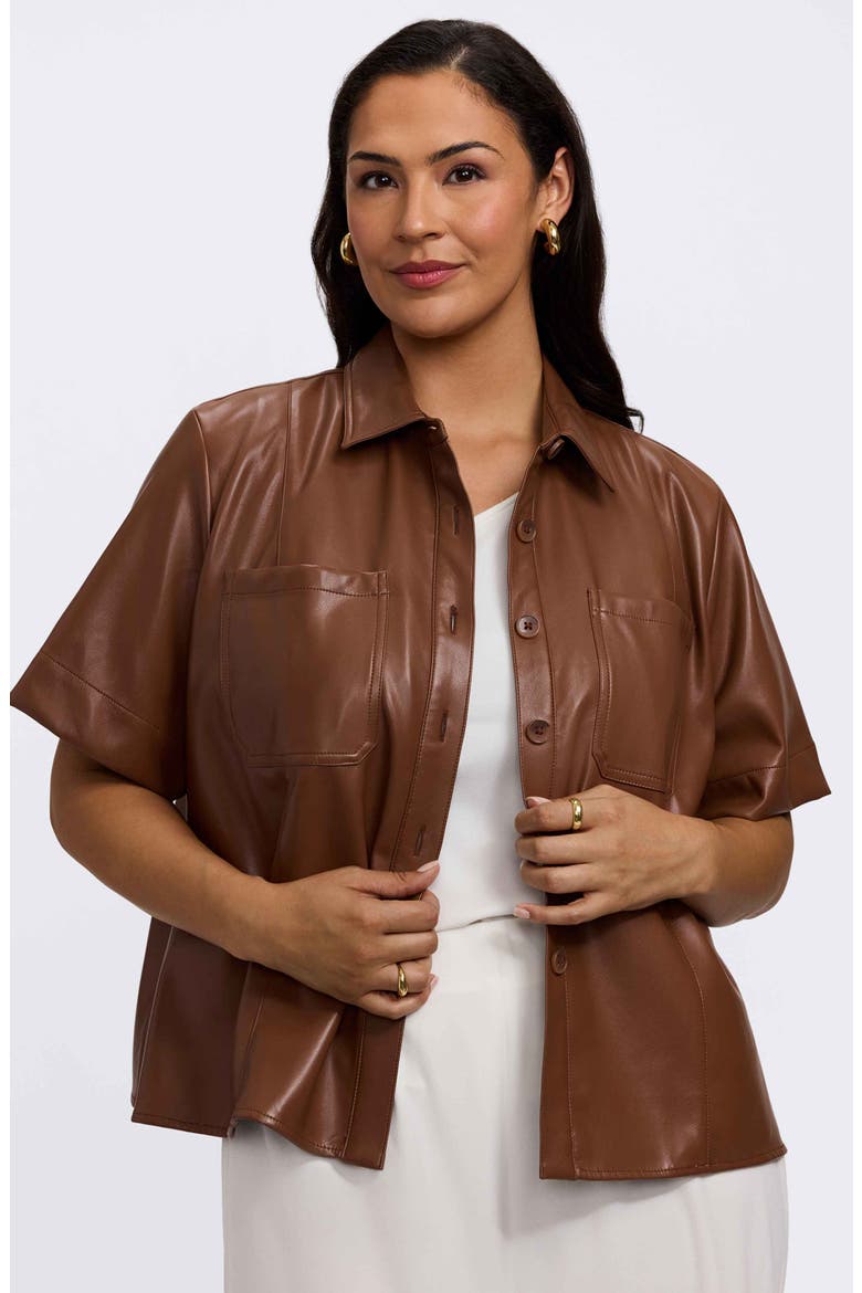 Demi Elbow Sleeve Faux Leather Button-Up Shirt, Alternate, color, MACCHIATO