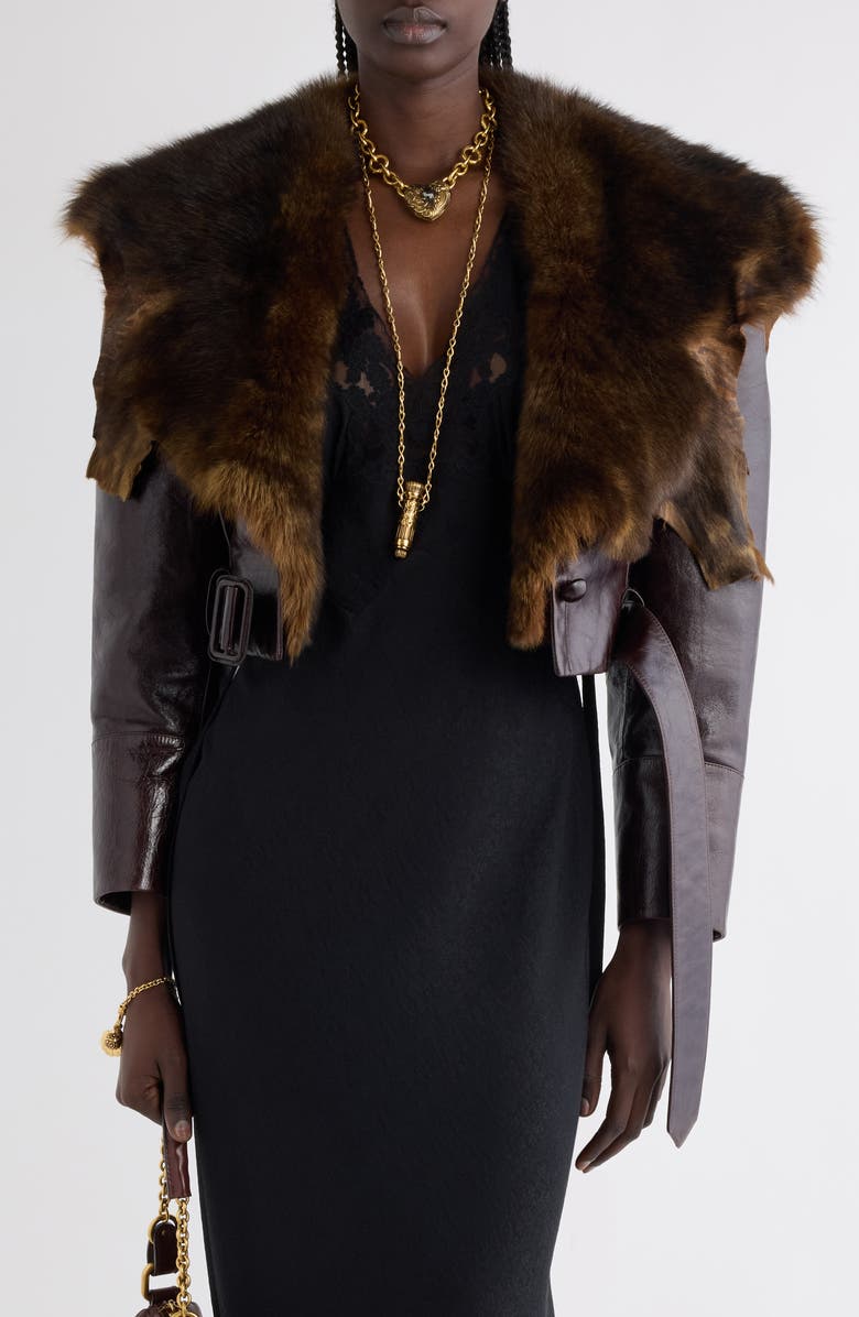 Chloé Leather Crop Jacket with Genuine Shearling Collar, Main, color, 