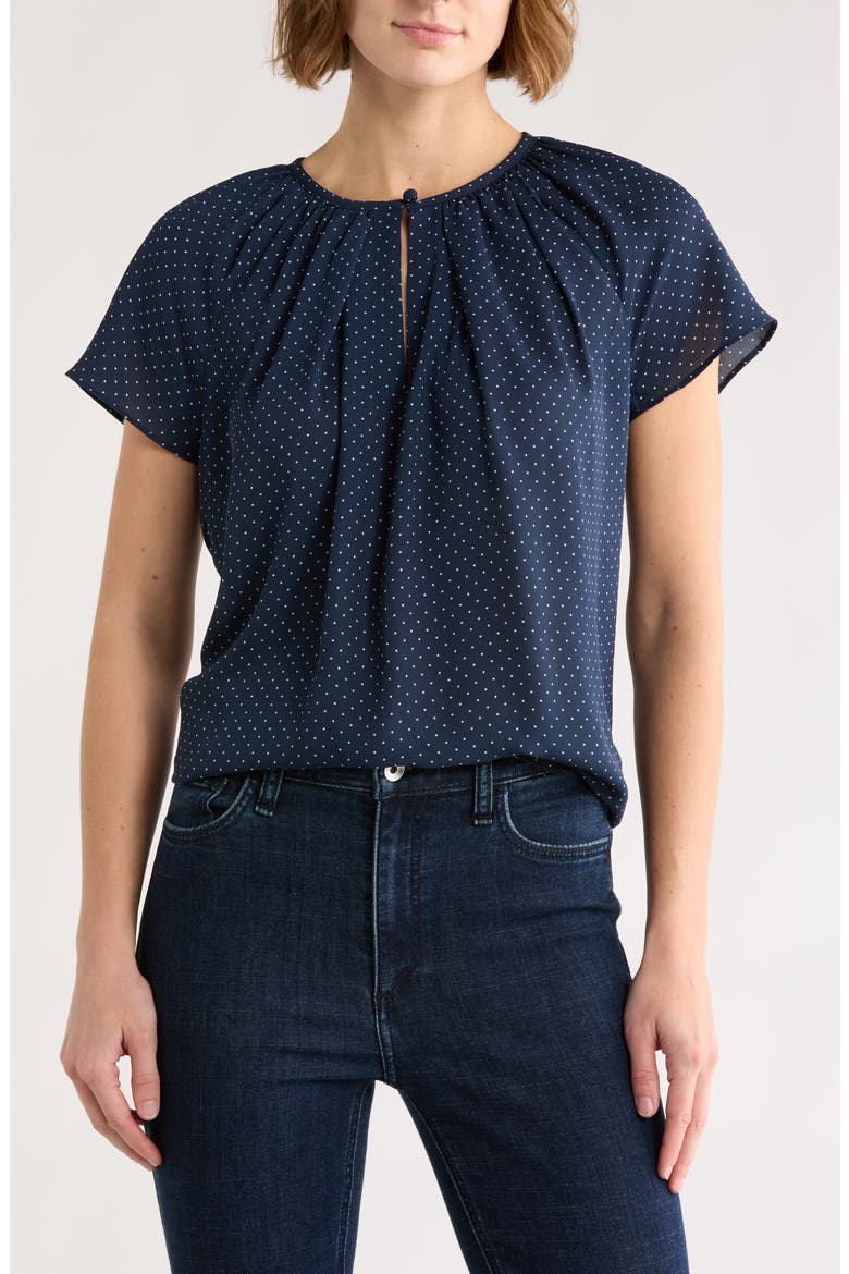 Dot Print Cap Sleeve Top, Main, color, NAVY