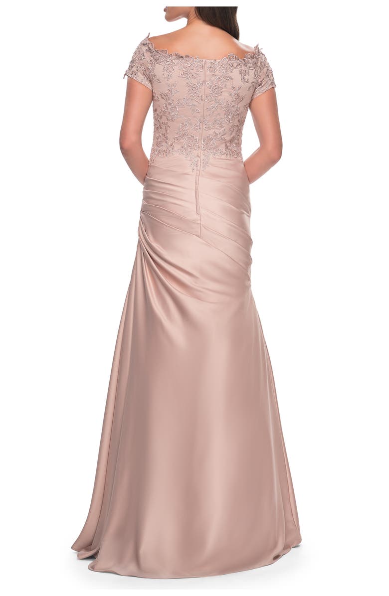 La Femme Off the Shoulder Satin and Lace Mermaid Pleated Gown, Alternate, color, Champagne