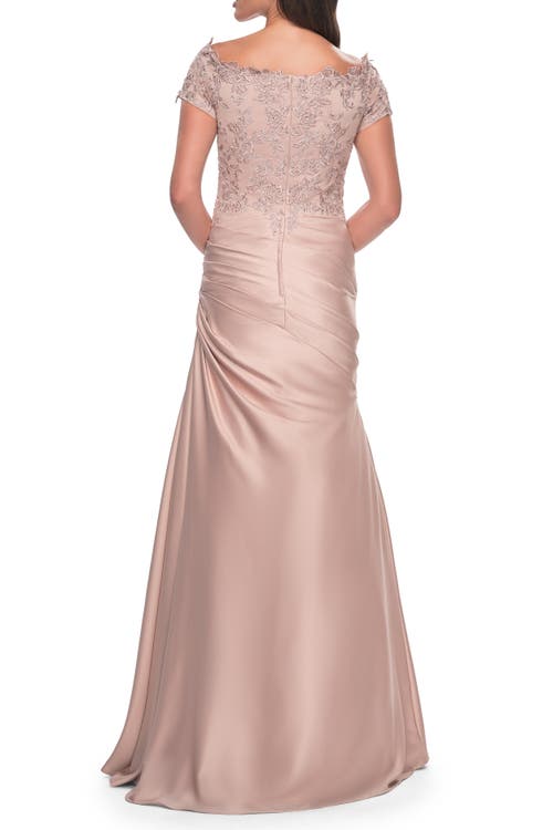 La Femme Off The Shoulder Satin And Lace Mermaid Pleated Gown In Champagne