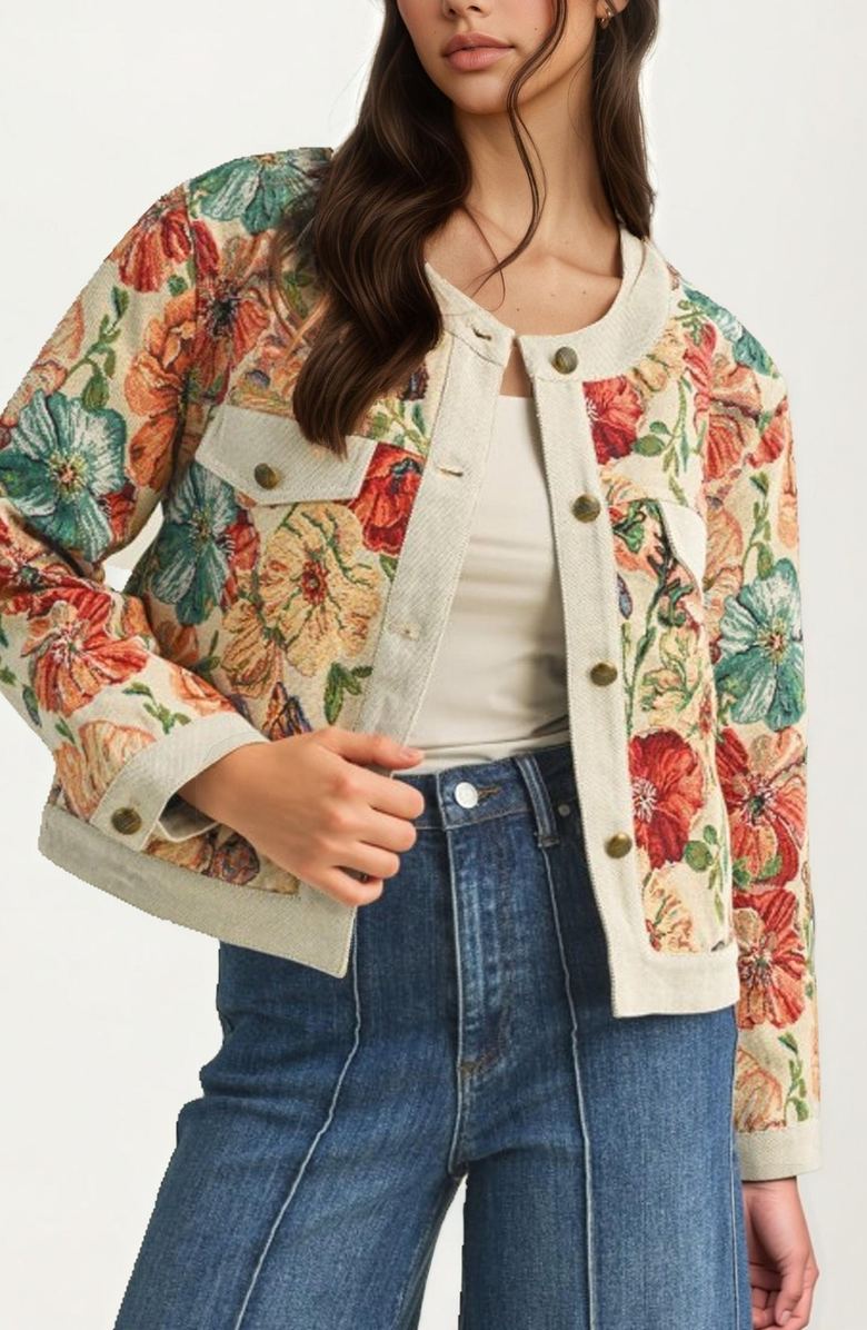 Knit and Lounge Floral Tapestry Button Front Cropped Jacket, Alternate, color, 