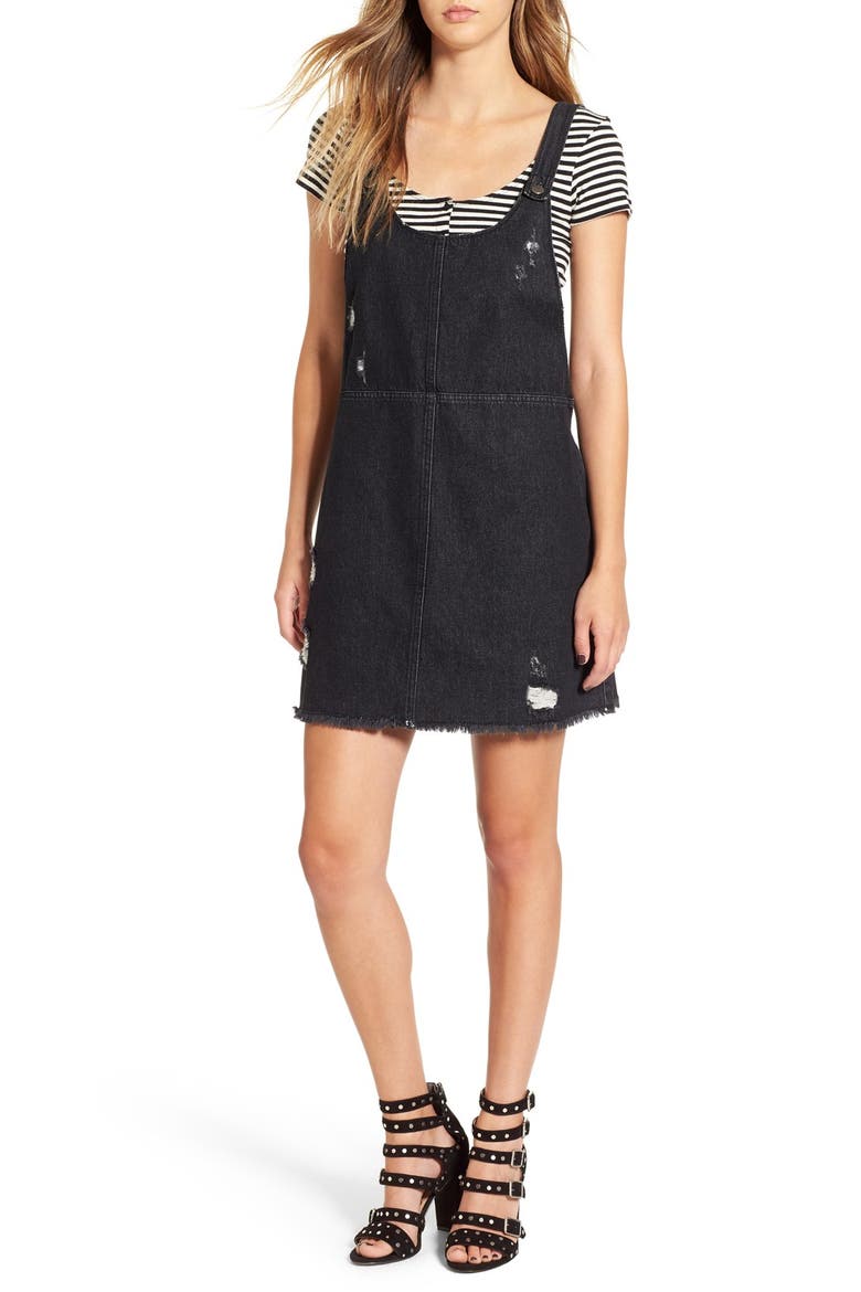 Distressed Denim Pinafore Dress, Main, color, BLACK