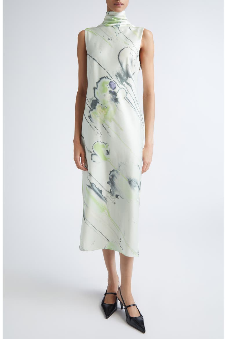 bias cut midi satin dress with floral embellishment House OF CB Felicity Floral-Print Satin Midi Dress