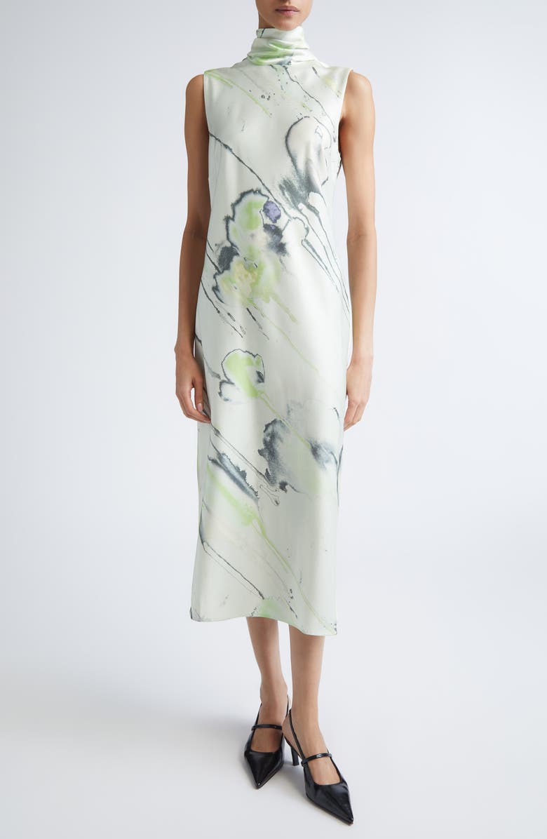 Jason Wu Collection Watercolor Floral Bias Cut Satin Midi Dress, Main, color, Light Jade Multi