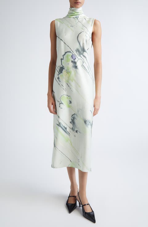 Watercolor Floral Bias Cut Satin Midi Dress