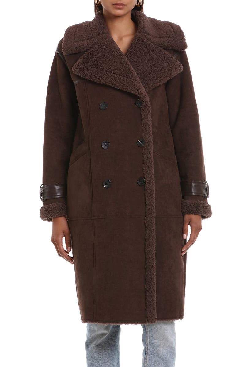 Avec Les Filles Faux Shearling Trim Double Breasted Coat, Main, color,