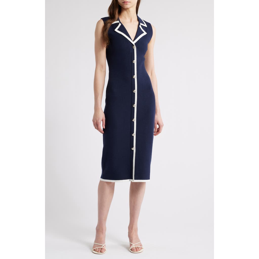 Zoe And Claire Contrast Front Button Midi Sweater Dress In Navy