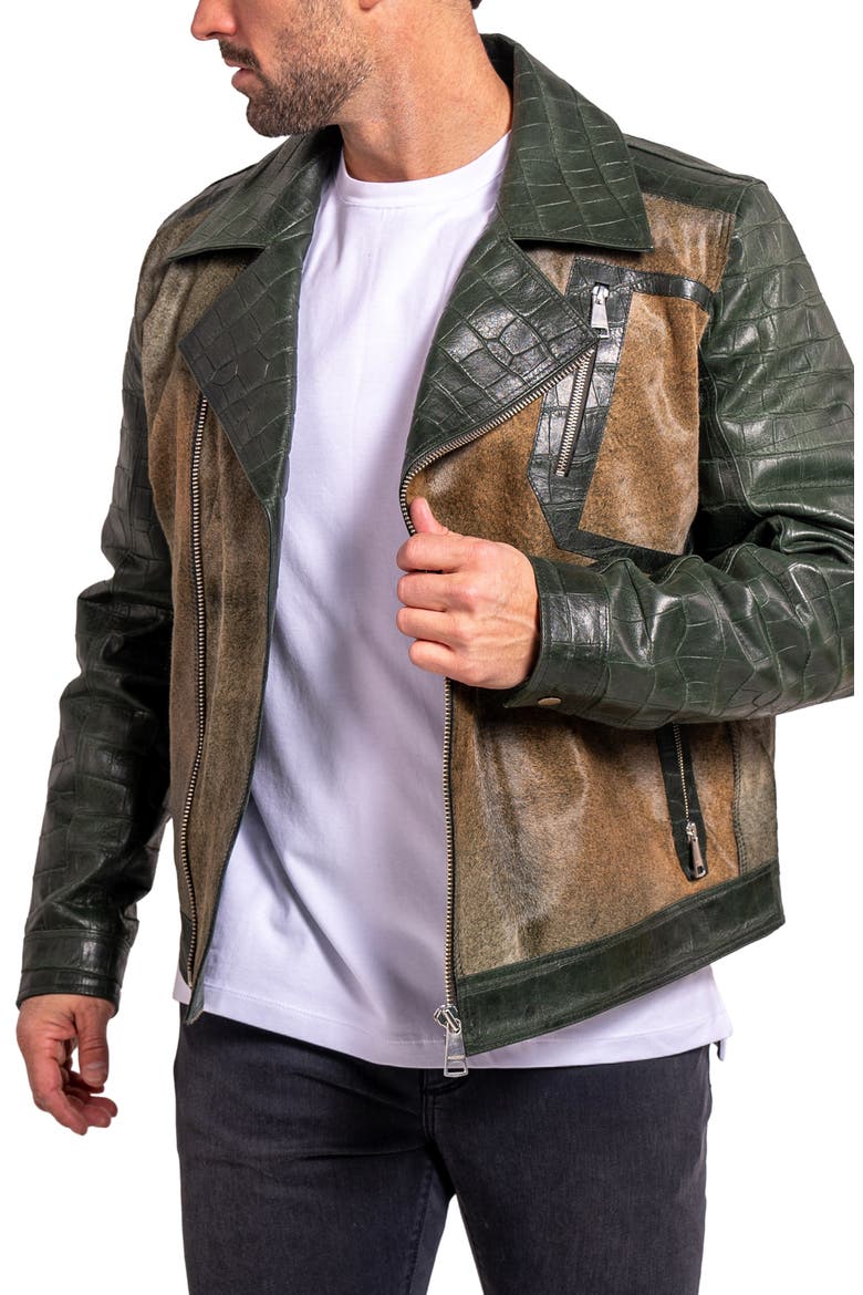 Ascension0026 Genuine Calf Hair & Croc Print Leather Jacket, Alternate, color, GREEN