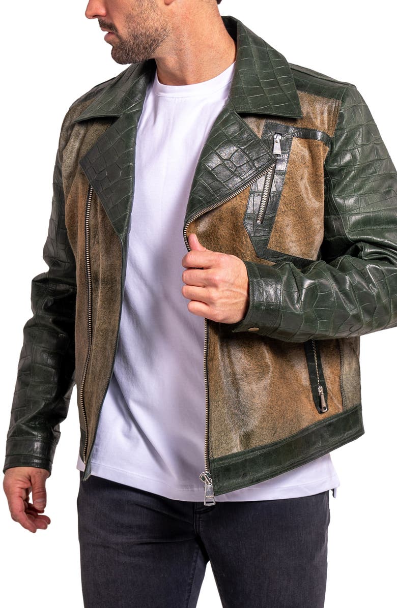 Maceoo Ascension0026 Genuine Calf Hair & Croc Print Leather Jacket, Alternate, color, Green