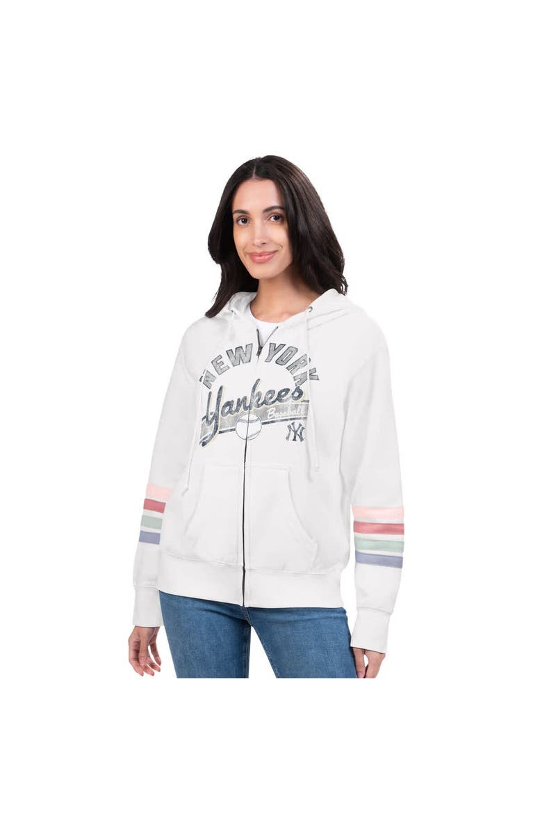 Women's G-III 4Her by Carl Banks White New York Yankees Naamah Sleeve Stripe Fleece Full-Zip Hoodie, Main, color, White