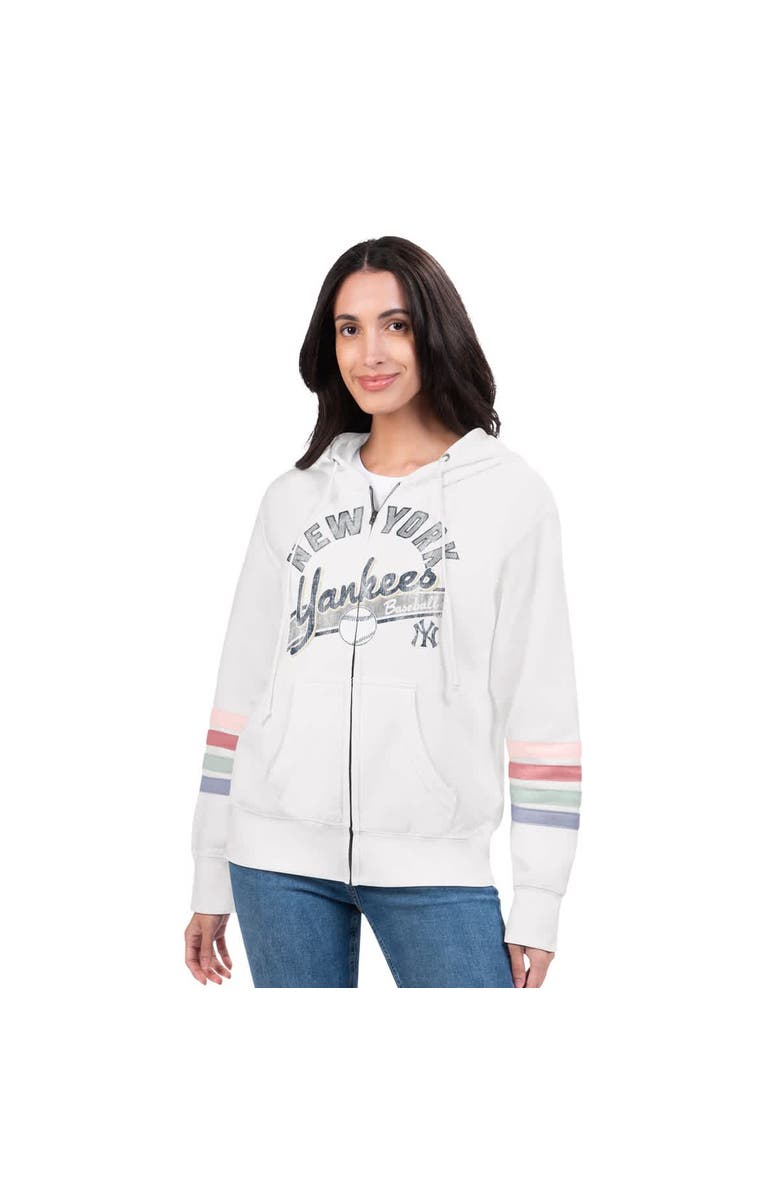 G-III 4HER BY CARL BANKS Women's G-III 4Her by Carl Banks White New York Yankees Naamah Sleeve Stripe Fleece Full-Zip Hoodie, Main, color, White