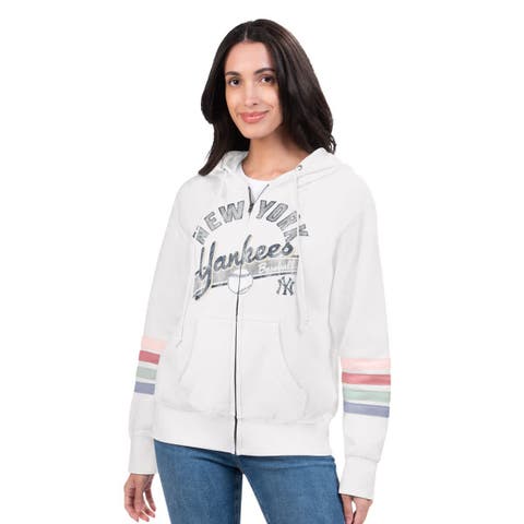 Women's G-III 4Her by Carl Banks White New York Yankees Naamah Sleeve Stripe Fleece Full-Zip Hoodie