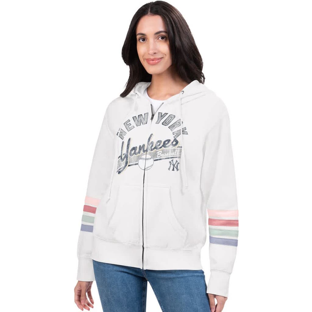G-iii 4her By Carl Banks White New York Yankees Naamah Sleeve Stripe Fleece Full-zip Hoodie In Black