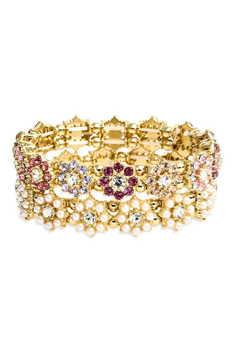 2-Pack Cubic Zirconia Flower Pavé Stretch Bracelets, Main, color, PEARL/MULTI
