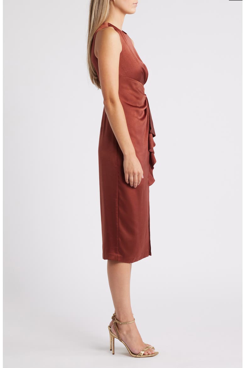 Ruffle Detail Sleeveless Satin Sheath Midi Dress, Alternate, color, BROWN