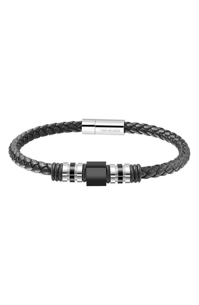 VAN HEUSEN Men's Ornament Leather Bracelet, Main, color, Black