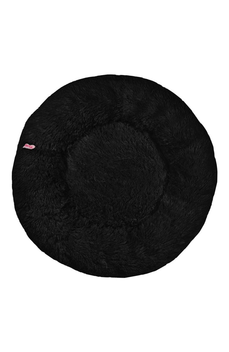 The Licker Store Maisie Bohemian Glam Faux Fur Round Fluffy Calming Donut Pet Bed with Washable Cover, Alternate, color, Black