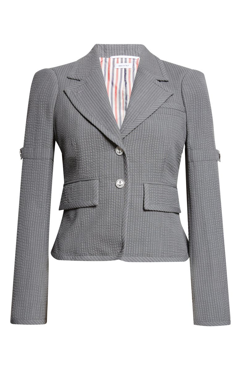 Thom Browne Crop Sculpted Shoulder Wool Seersucker Jacket, Main, color, Light Grey