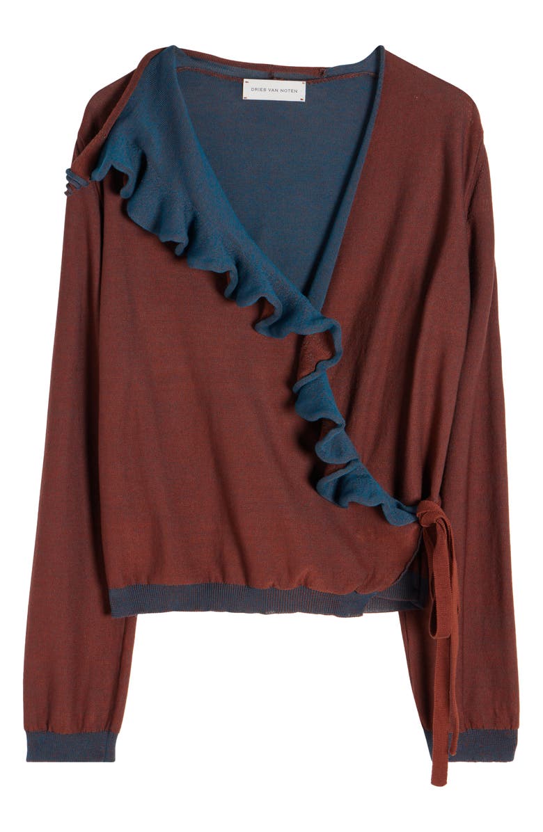 Dries Van Noten Two-Tone Ruffle Wrap Cardigan, Alternate, color, Brown