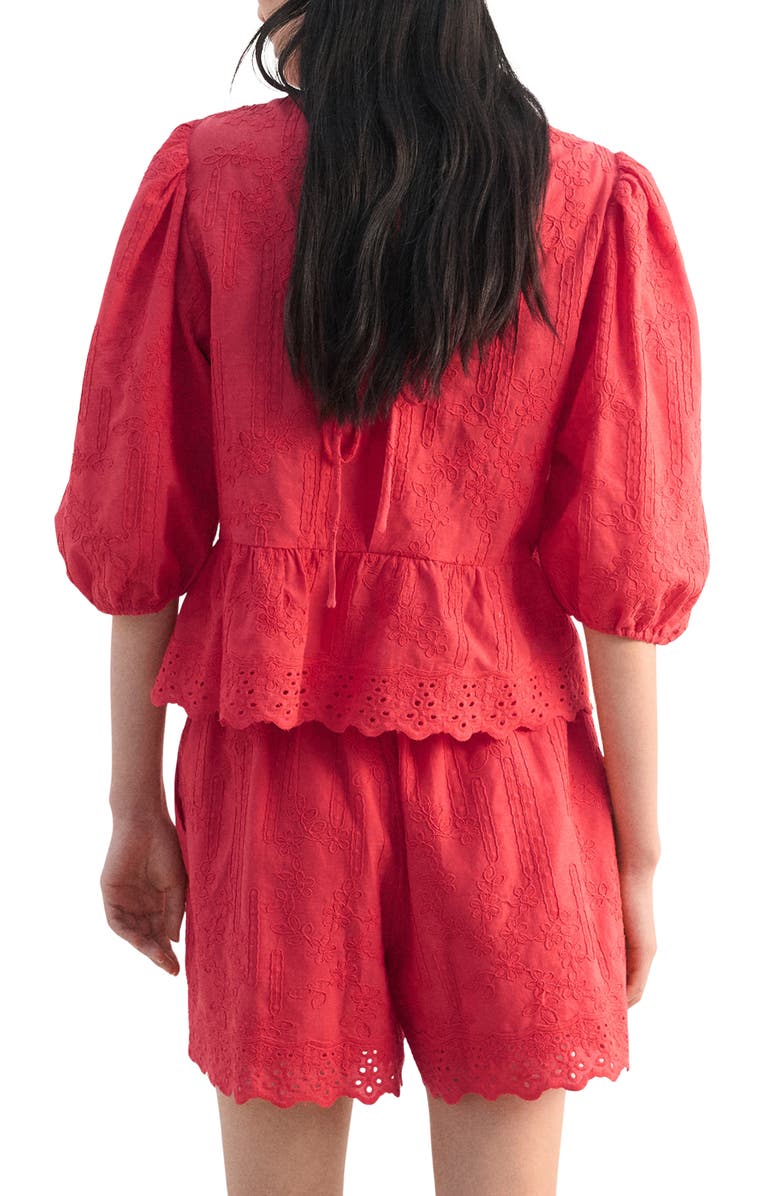 MANGO Floral Embroidered Cotton Peplum Top, Alternate, color, Strawberry