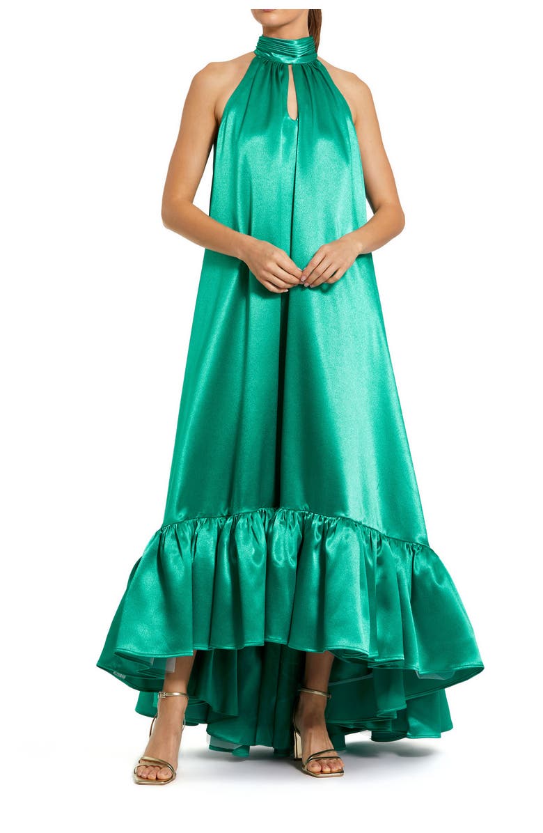Mac Duggal Sleeveless Halter Neck Keyhole Satin High Low Gown, Main, color, Jade