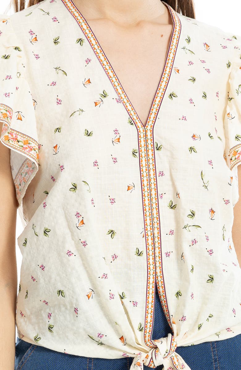 MAX STUDIO Flutter Sleeve Tie Front Shirt, Alternate, color, Ecru/ Orange Botanical Cascade