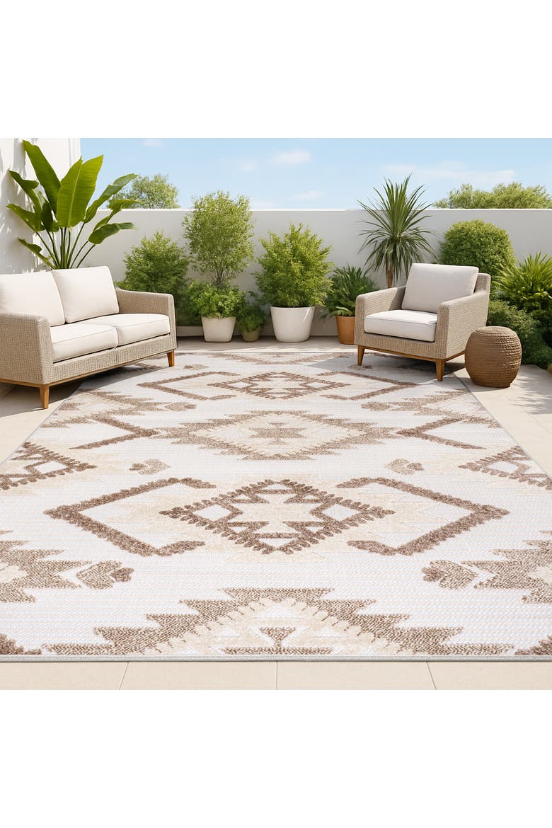 Sumak High-Low Pile Neutral Diamond Kilim Indoor/Outdoor Area Rug, Alternate, color, Brown/Ivory