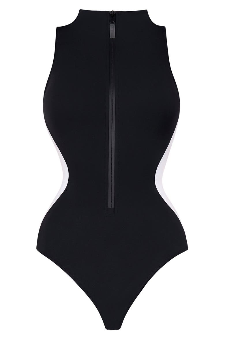 Mega Sculpting Adjustable Zip Front One Piece Swimsuit, Alternate, color, Contour Black/White