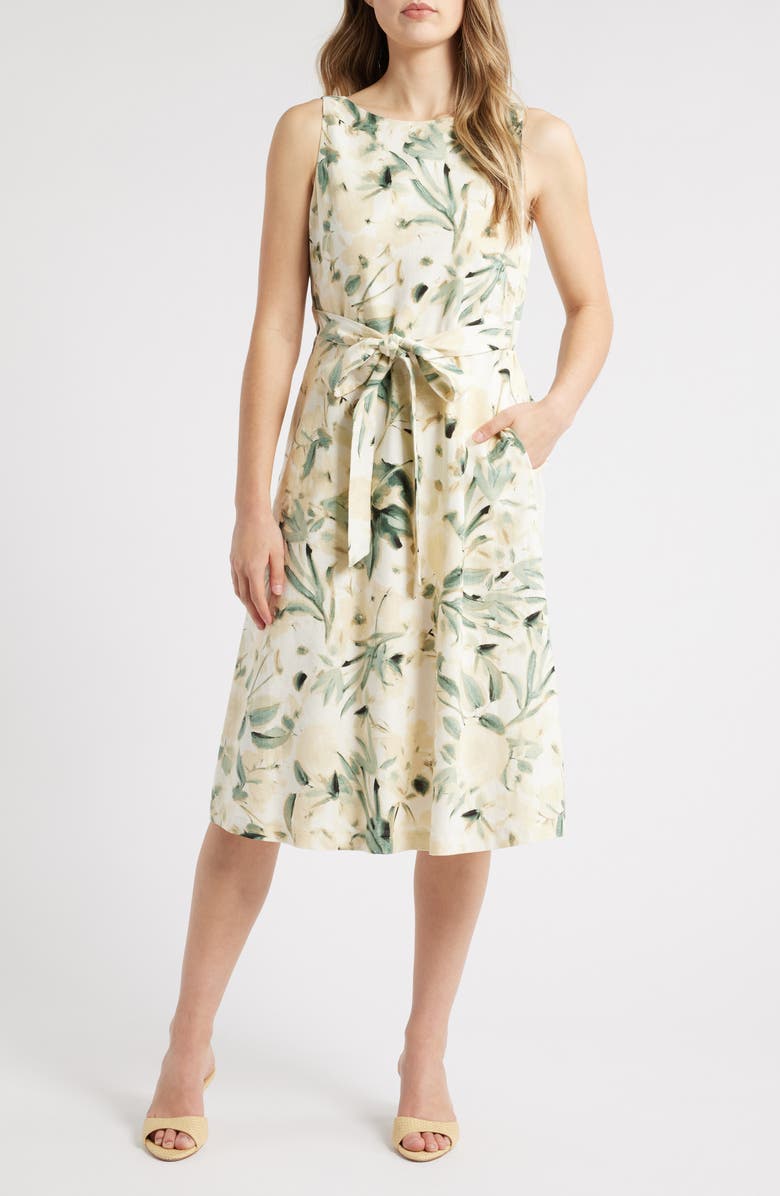 Anne Klein Floral Linen Blend Fit & Flare Dress, Main, color, 