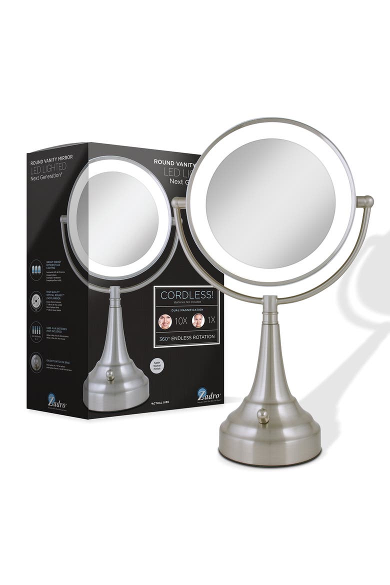 Lighted Makeup Mirror with 10X/1X Magnification, Battery & Cordless, Alternate, color, Satin Nickel