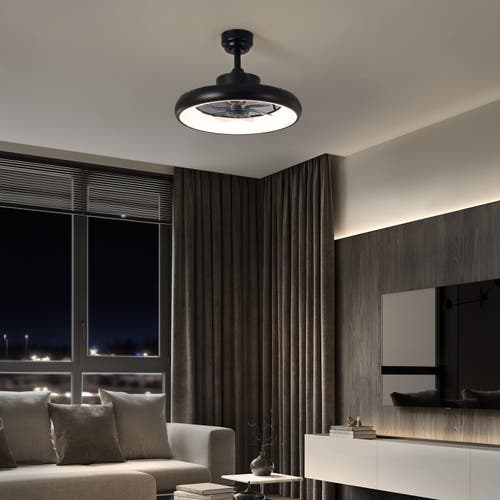 Oval Air Loren 20" Modern Contemporary 6-speed Metal Mobile-app/remote-controlled Dimmable Smart Int In Black