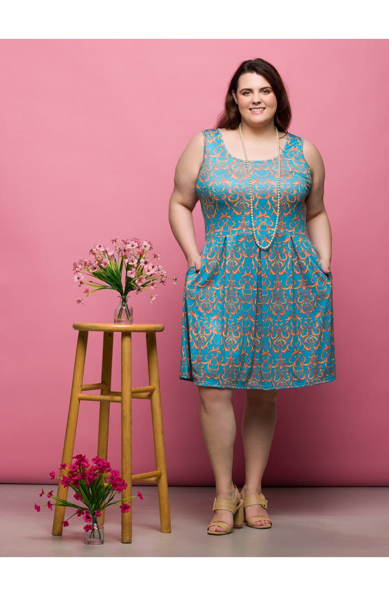 24seven Comfort Apparel Plus Size Sky Blue Abstract Print Sleeveless Pleated Knee Length Pocket Dress, Alternate, color, Blue Multi