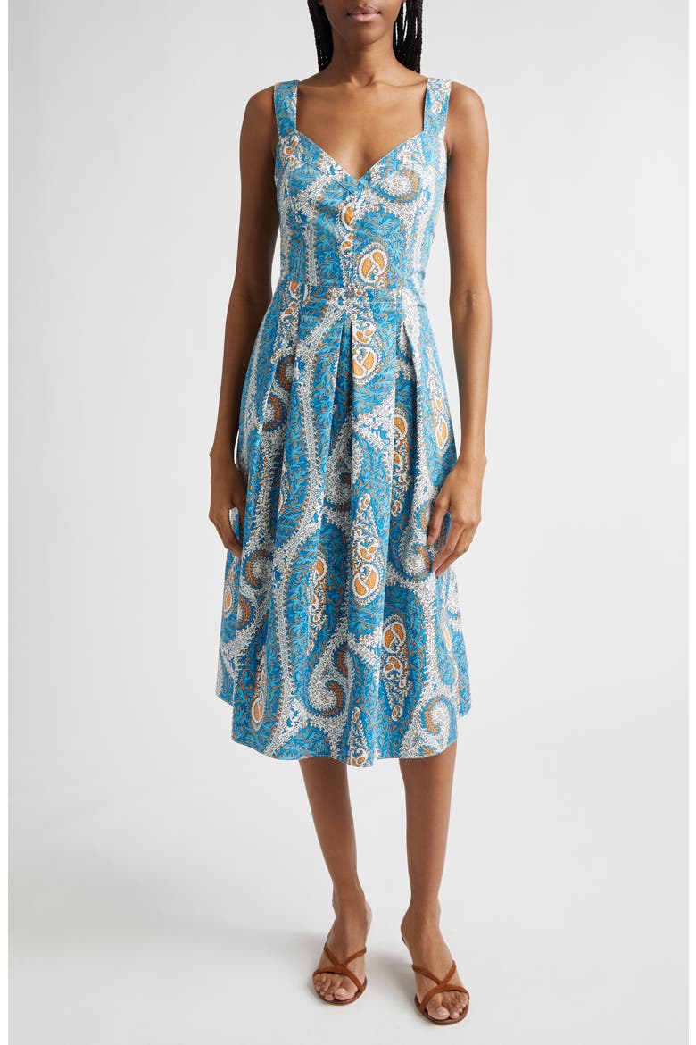 Paisley Print Pleated Fit & Flare Cotton Poplin Midi Dress, Main, color, PRINT ON WHITE BASE